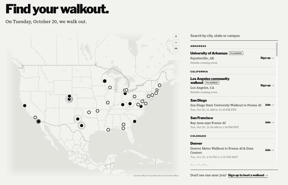 philaroneanu's tweet photo. 🧊 Check it out 🧊 Dozens of walkouts to #FreezeAI are being planned for next Tuesday Oct. 20. Join or host one near you >> https://t.co/cDHtQaQ9PW https://t.co/6Zs5cydvVC