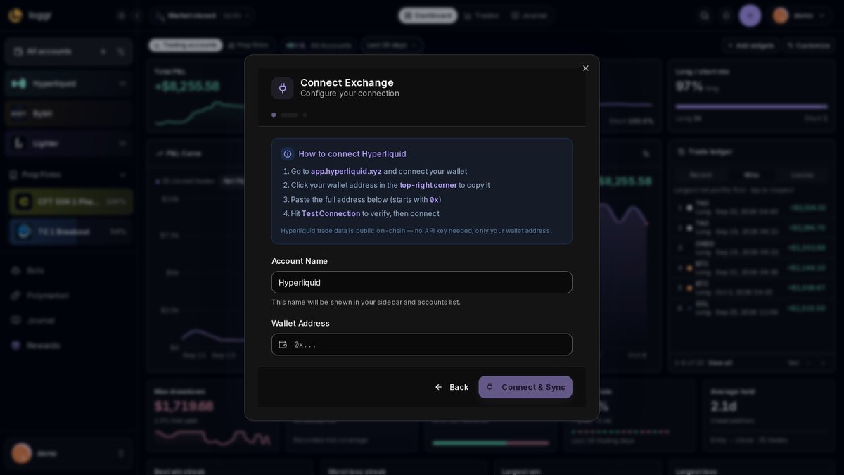 loggrhq's tweet photo. How to sync your trades into Loggr:

1. Add account, then Connect exchange
2. Pick yours, like @HyperliquidX, @Bybit_Official or @binance
3. Paste a wallet address or read-only API key, then Connect &amp; Sync

Your trades land in their own account. https://t.co/JzhS8im07r