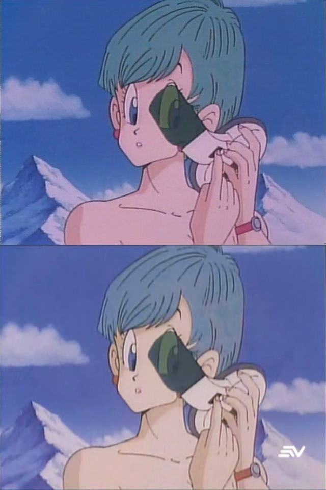 pkzatch's tweet photo. Y eso es en lo que fallan todas las remasterizaciones después de hacer el transfer de las cintas a digital, realizan un simple balance de colores.

Además del color de los cielos que suele ser irregular debido a que la "remasterización" parte del deteriorado material final usado desde la década de 2000 y que todos conocemos con el nombre de "Dragon Box", solo hay que fijarse en el cabello de Bulma que no debería ser verde como se ve en Dragon Ball Kai. Irónicamente, en uno de los diálogos de Raditz se refiere a Bulma como "mujer de cabello azul".

Debería verse algo más azul como en Dragon Ball Z cuando aun se usaba equipos analógicos. En el momento que se sustituye la transmisión analógica por digital, la conversión de color desaparece y solo se ve el mismo color del archivo fuente.

La única razón por la que Bulma tiene pelo verde en arte y productos derivados oficiales de las marcas "Dragon Ball", "Dragon Ball Z" y "Dragon Ball GT" fuera del TV Anime, es porque tomaron como referencia los colores de cels promocionales provistos por Toei, pero eso no quiere decir que sea el color correcto.