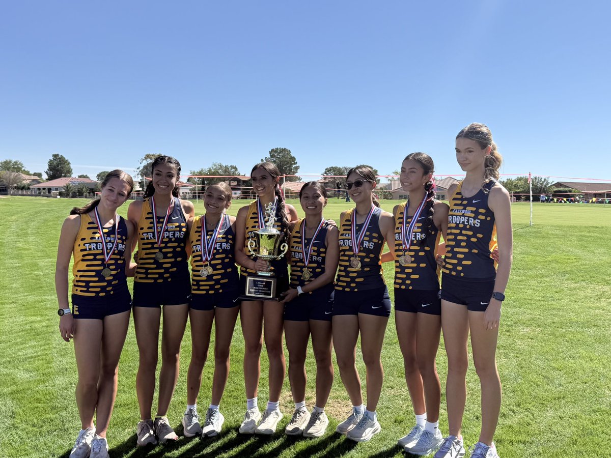 EastwoodTrack's tweet photo. Congratulations to our varsity girls who are the 1-6A XC champions! 
Kylie Vega 🥇Individual D.C. 
Carlee Caraveo 🥈
Nati Gomez 4th
Ava Ellison 7th
Sienna Salas 8th 
Venus Jimenez 19th
Aubrey Wilford 28th 
@RealRobRobledo @EHSCoachLopez @Fchavezeptimes @YISDAthletics1 https://t.co/DTROYLoInJ
