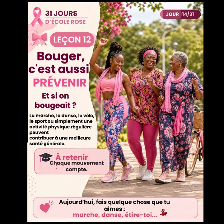 Kevineakankossi's tweet photo. 🎀 JOUR 14/31
🩷 Leçon 12: Bouger, c’est aussi prévenir ! 🩷
Marche, danse, vélo… L’activité physique régulière favorise la santé et peut contribuer à réduire le risque de cancer du sein, sans garantir une protection totale.
#OctobreRose #31JoursDécoleRose #Kevineagk #Kevart https://t.co/yB4by4ltS2
