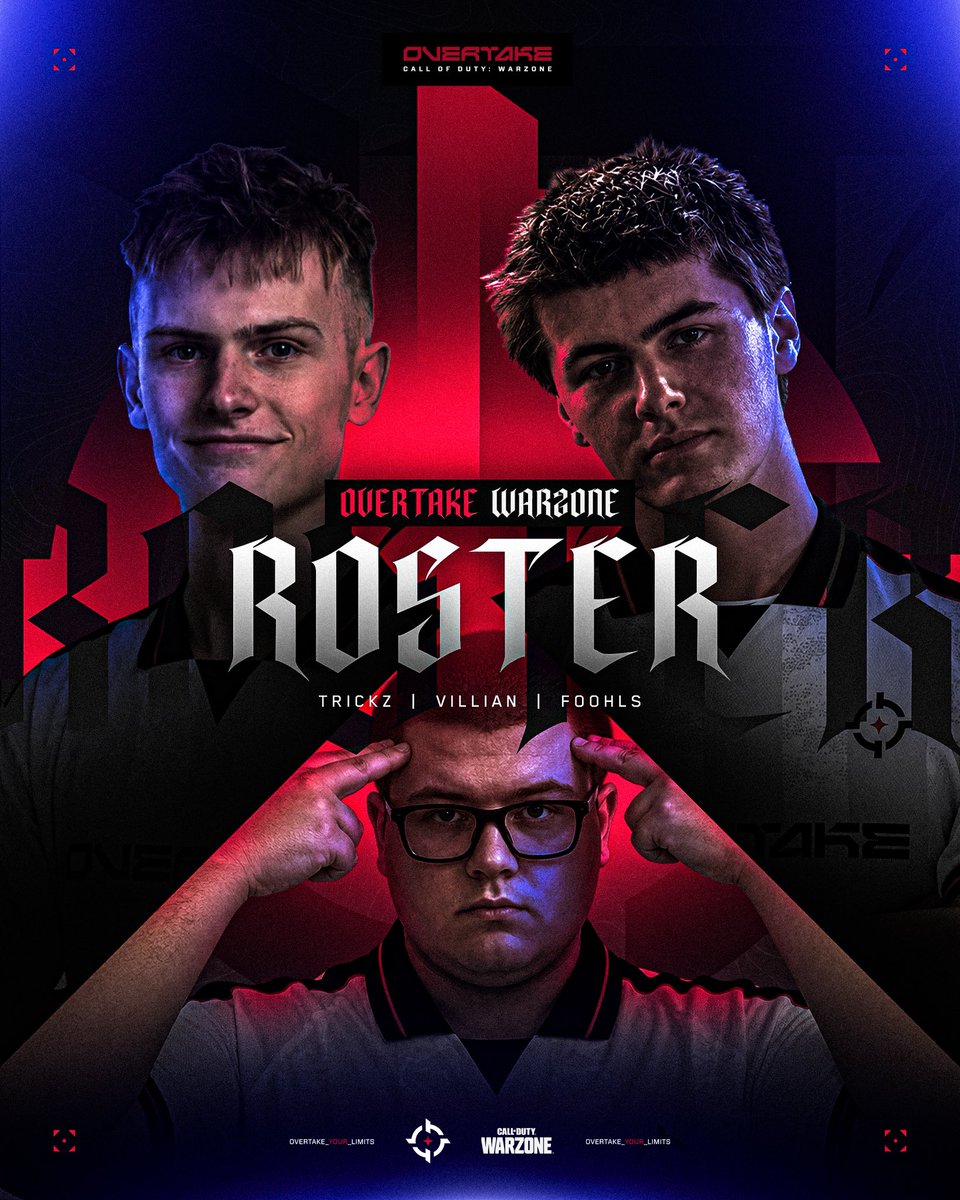 OvertakeSector's tweet photo. Loading up, dropping in.🪂

Introducing the OFFICIAL Overtake Warzone roster!
👤@TrickzyVibez
👤@Foohlss
👤@Villain1_

New faces, same mission
#OvertakeYourLimits https://t.co/13vCaNAJsv