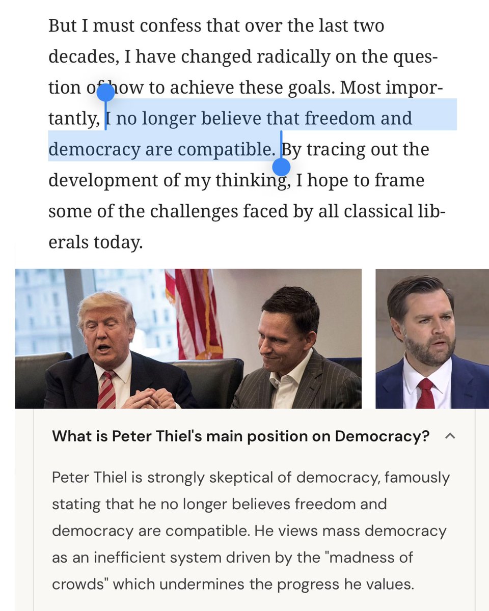 TheTNHoller's tweet photo. Feels like we don’t talk enough about how Peter Thiel, who puppeteers JD Vance and funds Trump, has written that he “no longer believes freedom and democracy are compatible”

We are literally being run by people who oppose our very system of government. 

https://t.co/T0W9dxKQTr https://t.co/P06YoLhvNS