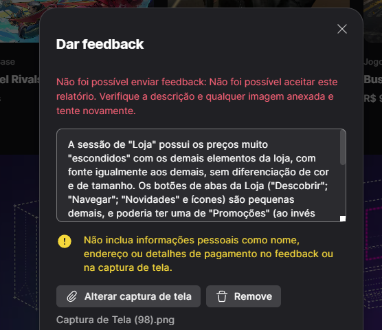 aquilamenz's tweet photo. E só piora: tento enviar um feedback e o sistema não está me deixando enviar. Não sei poderia ser um critério que não fiz, como de caracteres, mas também nem sei se é porque o sistema nem se quer envia realmente o feedback.

Que coisa triste kkkkkkk https://t.co/nPWzFMYliz