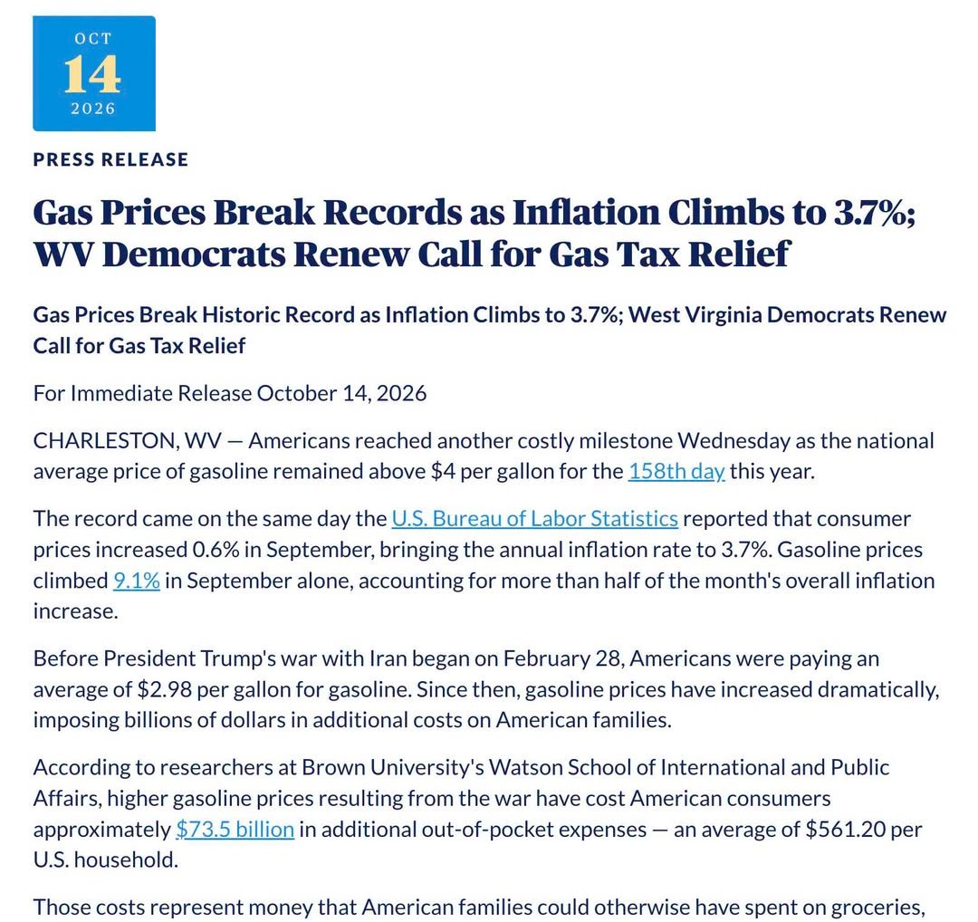 wvdemocrats's tweet photo. WV DEMOCRATS RENEW CALL FOR GAS TAX RELIEF AMIDST RECORD-BREAKING GAS PRICES ⬇️

"The Republican supermajority wrote a blank check to AI Data Centers, but they can’t be bothered to provide any relief to hard-working West Virginians struggling to afford the high cost of gas." https://t.co/VEPa82vZAm