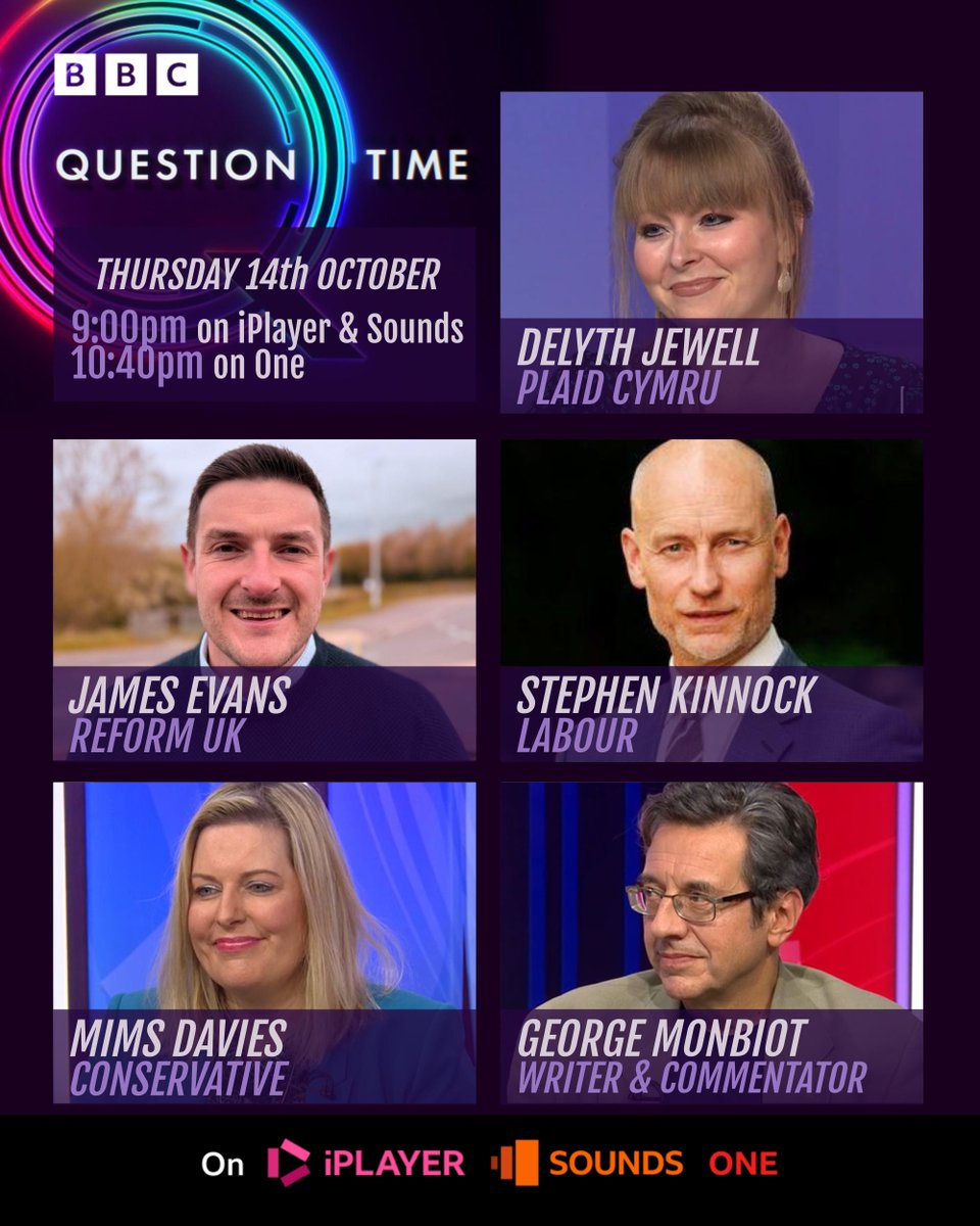 bbcquestiontime's tweet photo. Tomorrow, join Question Time in Brecon

On the panel: Delyth Jewell, James Evans, Stephen Kinnock, Mims Davies, and George Monbiot 

Thursday 15th October, 9pm on @BBCiPlayer, @BBCSounds, and the @BBCNews channel, 10:40pm on @BBCOne

Apply now: https://t.co/3ivO2BXOaz

#bbcqt https://t.co/A5MO6njX6X