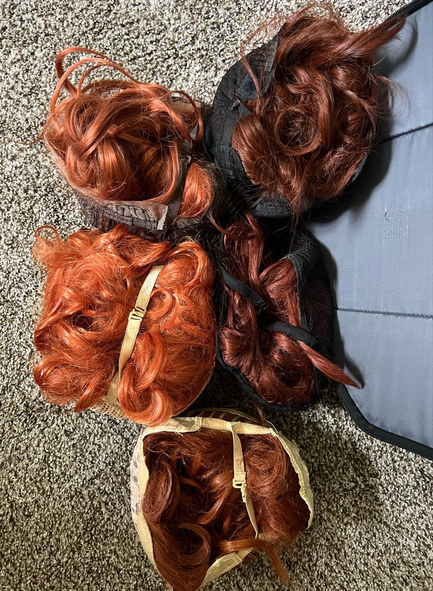RavynMidnight's tweet photo. Gathering supplies from today’s wheel game for my evening Iriam GRWM event stream, and the winner for hair/wig color was ginger red. I had no idea how many shades of ginger wigs I’ve collected over time, until now. Cosplayer problems, through and through 😆 

#streamer #cosplayer https://t.co/gn96vGyuJE