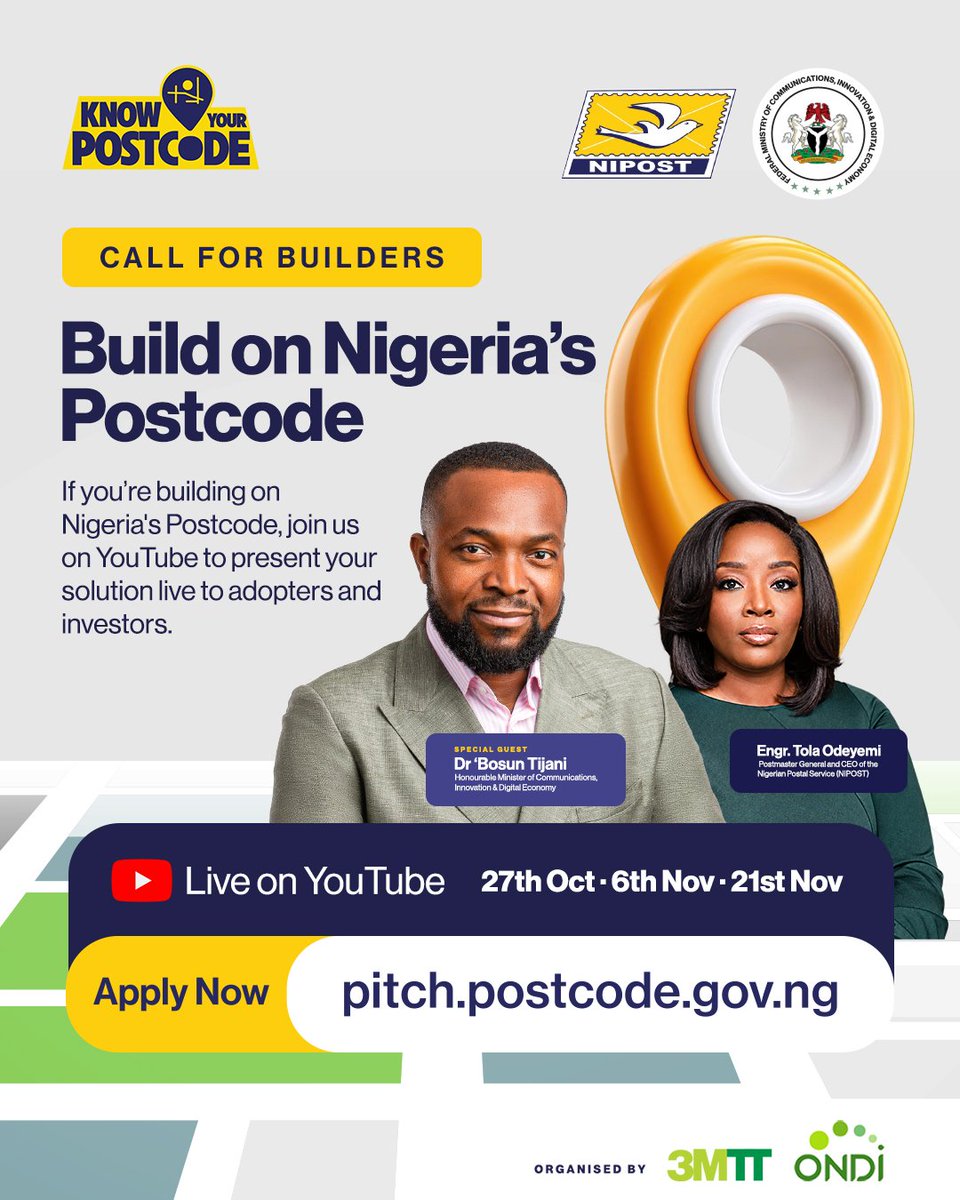 NipostNgn's tweet photo. What can you build with Nigeria’s new Digital Postcode? 

The future of location-enabled innovation is here, and NIPOST is inviting Nigerian builders to help shape it.

The Federal Ministry of Communications, Innovation and Digital Economy, in collaboration with the Nigerian Postal Service (NIPOST) and supported by 3MTT, presents (Build on Postcode), a live showcase spotlighting Nigerian innovators turning the country’s new Digital Postcode into practical solutions.

From logistics and commerce to banking, identity, emergency response and public services, we want to see how you’re putting this national infrastructure to work.
Have an existing product or working prototype powered by the official NIPOST Postcode API? 

Apply to showcase your solution to key decision-makers and connect with potential adopters, partners and investors.

📅 First session: Saturday, 27 October 2026
📺 Live on YouTube
💡 Applications are free.

Apply now: https://t.co/xWyfR0zmJa

#BuiltOnNigeriasPostcode #NIPOST #3MTT #DigitalInnovation