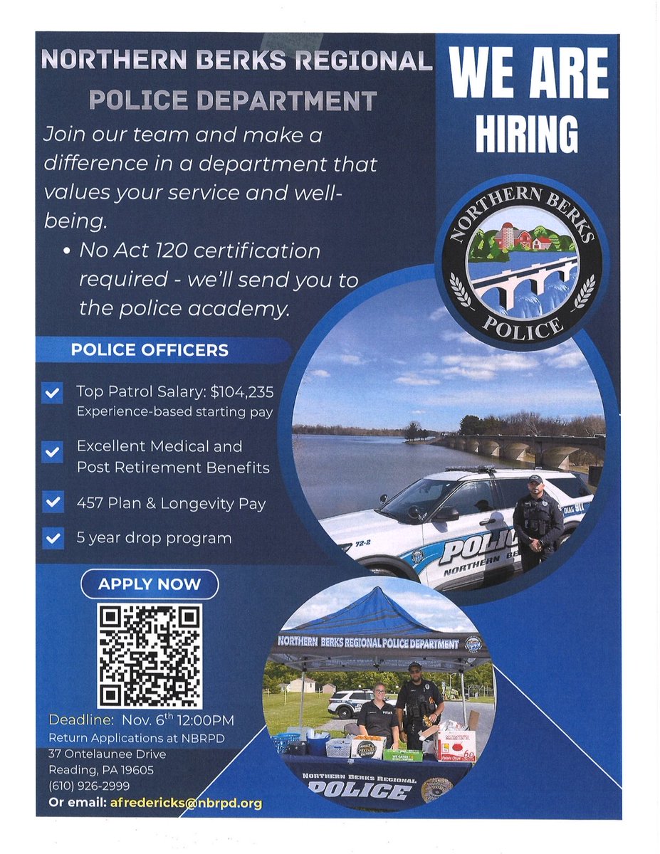 NorthernBerksPd's tweet photo. WE'RE HIRING 🚔 Join the Northern Berks Regional Police Department! No Act 120 certification required — we'll send you to the police academy. Top patrol salary $104,235 + excellent benefits. Apply by Nov 6, 2026 at 12:00 PM 👉 https://t.co/yKlebaBBNf https://t.co/RsLGSubhFJ