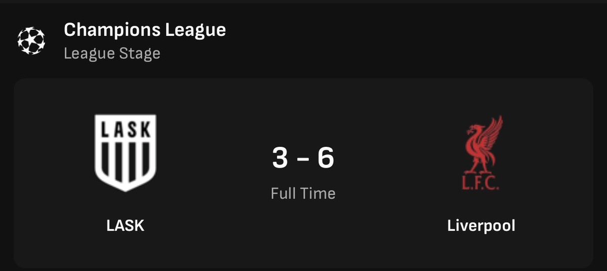 iamfemikale's tweet photo. 🔴🔥 FULL TIME! Liverpool 6️⃣-3️⃣ LASK! What a goal fest! 💥 The Reds run riot in a nine-goal Champions League thriller! ⚽🏆 #LiverpoolFC #UCL #YNWA https://t.co/osmbMwFxOb