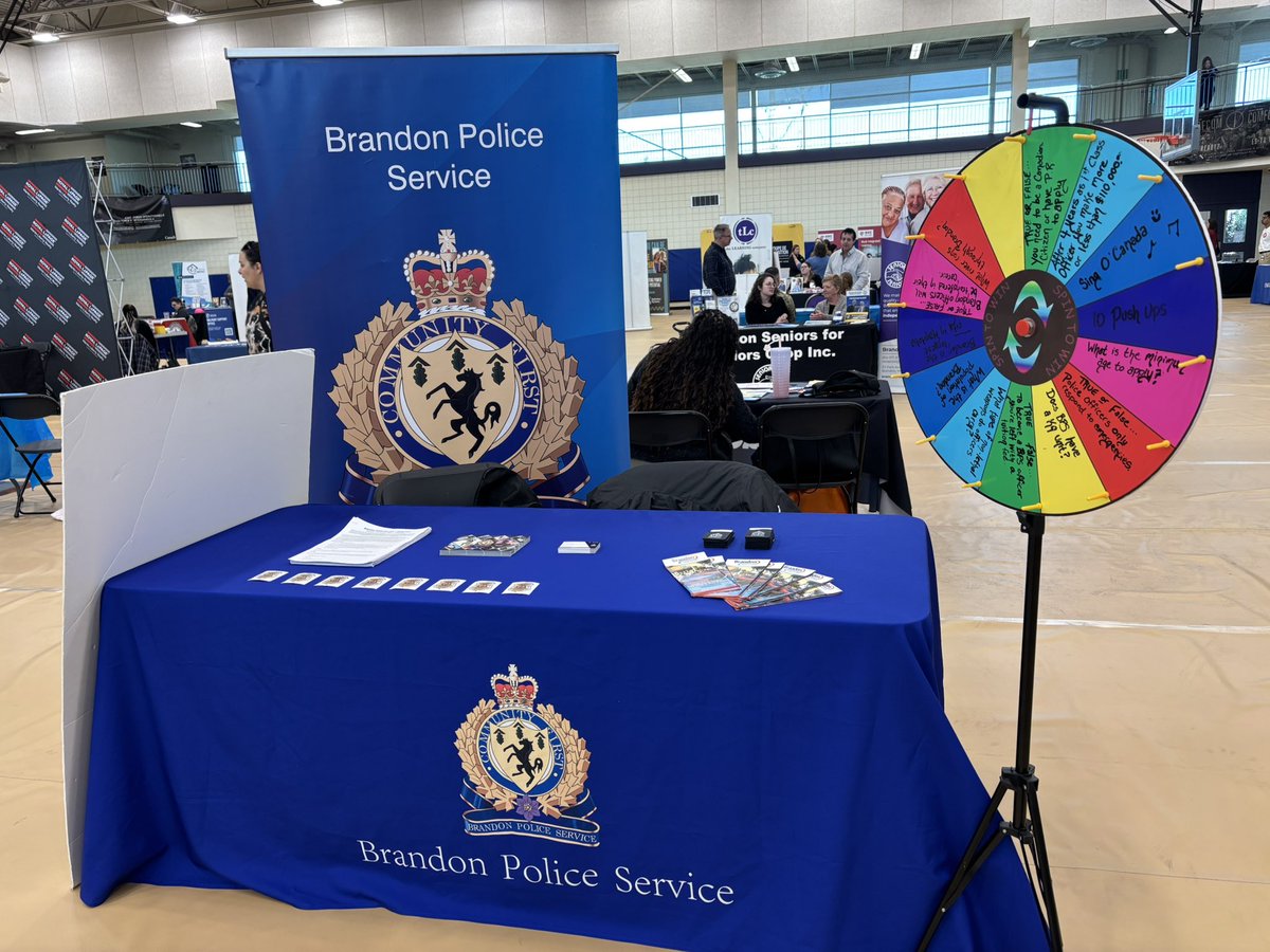 BrandonPolice's tweet photo. 🐾💙 Bandit says JoinBPS — it’ll be paws-itively wonderful! 
We’ve got a special four-legged recruitment assistant at today’s career fair in Shilo! Meet Bandit, our booth neighbour, Morale Officer &amp; proud representative of Paws 4 Valour, who’s helping us spread the word of BPS. https://t.co/6LPgvS6s5Y