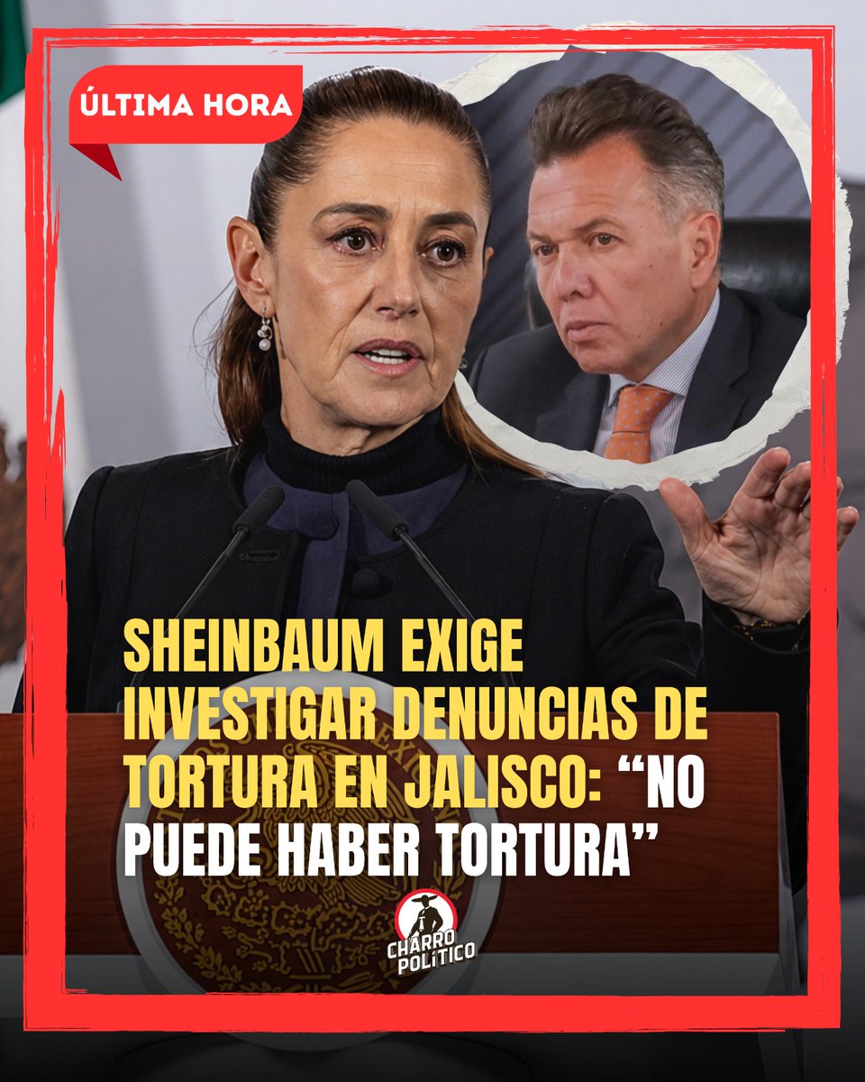 CharroPolitico's tweet photo. 🔥 SHEINBAUM EXIGE INVESTIGAR DENUNCIAS DE TORTURA EN JALISCO: “NO PUEDE HABER TORTURA” 🇲🇽

La presidenta Claudia Sheinbaum calificó de inadmisible cualquier acto de tortura cometido por elementos de seguridad y pidió investigar las denuncias relacionadas con las detenciones durante las protestas en Jalisco.

💧 Las manifestaciones del pasado 11 de octubre estuvieron relacionadas con las exigencias ciudadanas por el acceso a agua potable y las denuncias por la mala calidad del agua que llega a los hogares. Tras los hechos, manifestantes señalaron presuntas agresiones policiales que deberán esclarecerse mediante una investigación.

🔎 Durante su conferencia del 14 de octubre, Sheinbaum informó que solicitó a la secretaria de Gobernación, Rosa Icela Rodríguez, indagar quién dio la orden de utilizar la fuerza. También señaló que la Comisión Nacional de los Derechos Humanos (CNDH) puede intervenir y que, si corresponde, la Fiscalía General de la República (FGR) debe participar.

⚖️ La exigencia es clara: investigar los hechos, identificar posibles responsables y garantizar que se respeten los derechos humanos. Las denuncias deben esclarecerse con pruebas y sin impunidad.

📢 ¡Comparte! La defensa de los derechos humanos debe estar por encima de cualquier abuso de autoridad.

#ClaudiaSheinbaum #Jalisco #DerechosHumanos #AguaPotable #CNDH #Justicia