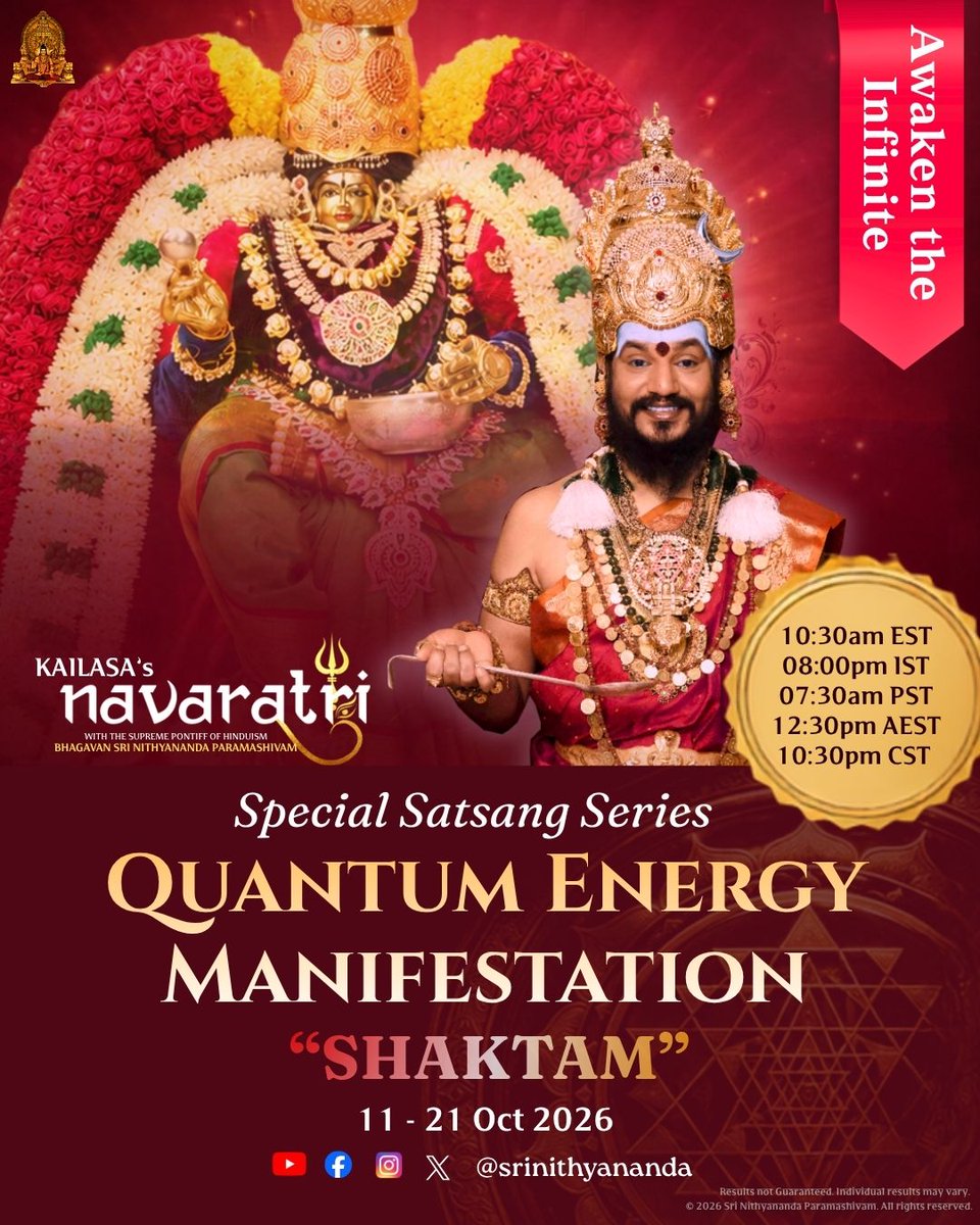 SriNithyananda's tweet photo. 🪷 KAILASA's NAVARATRI 2026 | DAY 5 — CELEBRATING DEVI ANNAPURNESHWARI 🪷
🌺 THE DIVINE MOTHER WHO NOURISHES ALL LIFE WITH HER INFINITE COMPASSION!

The Supreme Divine Mother manifests as DEVI ANNAPURNESHWARI — the embodiment of divine nourishment, unconditional compassion, and the sacred power of Anna Dhaana!

✨ Holding the sacred ladle and bowl of rice, Devi Annapurneshwari reveals that feeding is not merely an act of charity but the divine science of awakening and sustaining life energy.

⚜️ Through ANNA DHAANA, the sacred offering of food, She heals the suffering of hunger and nourishes every being physically, mentally, and spiritually. THE SPH is reviving this sacred tradition globally, bringing the Divine Mother's compassion into the lives of millions.

🔱 SPECIAL SATSANG: QUANTUM ENERGY MANIFESTATION (SHAKTAM)

📅 October 11–21, 2026

🪔 8 PM IST | 10:30 AM ET

🙏 Celebrate Devi Annapurneshwari. Nourish Life. Awaken Abundance. Manifest Divine Compassion!
#Navaratri2026 #DeviAnnapurneshwari #QuantumManifestation #Shaktam #Nithyananda