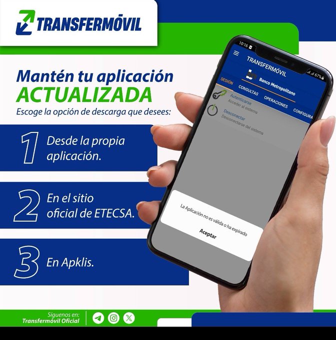 mayrelisgonzal7's tweet photo. Si #Transfermóvil te notifica que la versión no es válida o ha expirado, te recomendamos actualizar la APK. 🤳🏻#EtecsaConCuba #Mayabeque https://t.co/4eEY6DvF4d