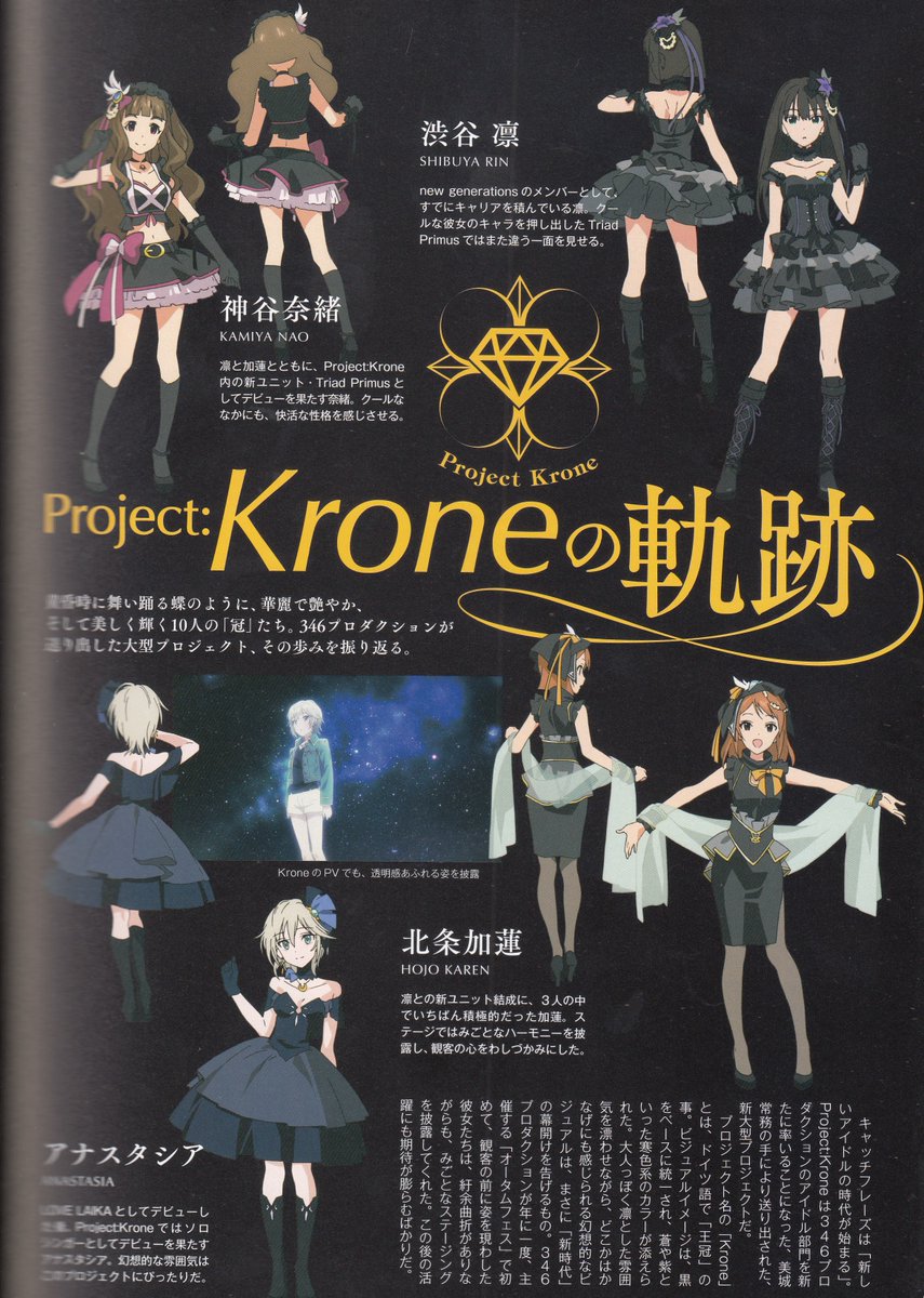 icarusparchive's tweet photo. Scans from The iDOLM@STER Cinderella Girls Visual Fan Book featuring Kanade Hayami, Syuko Shiomi, Arisu Tachibana, Frederica Miyamoto, Yui Ohtsuki, Fumika Sagisawa, Nao Kamiya, Karen Hojo, Anastasia, and Rin Shibuya. These girls make up the unit Project Krone ! https://t.co/p9rMn4lrA0