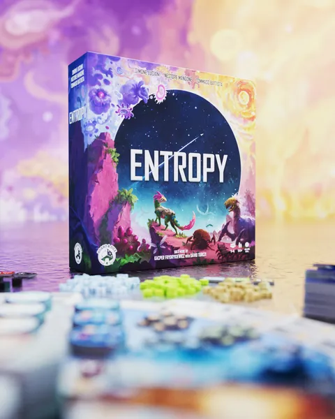 BoardGameJay's tweet photo. In this vibrant Euro board game, build solar systems &amp; fill them with life

-There's an outer &amp; inner rondel track, outer for action selection, inner for future bonuses 
-You  plan a loop with this game, so moves setup future payoffs 
-Set collection  

This game is Entropy https://t.co/N2iqrWDXsp
