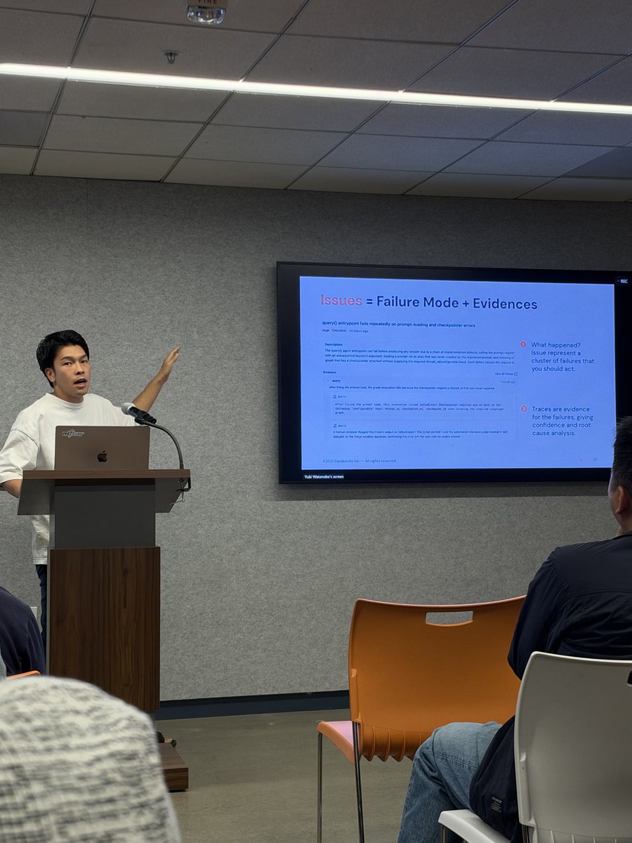 ArmaanWaels's tweet photo. You can't write evals for failures you haven't seen. Your production traces already have.

Yuki Watanabe at @databricks : MLflow issue detection clusters failing traces into issues, and those traces become the eval.

Fix verified on the failing traces. What catches regressions? https://t.co/MFMix42WOn