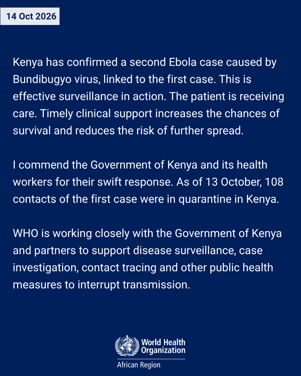 ProfJanabi's tweet photo. Early detection and swift action are crucial to stopping #Ebola.

WHO continues to work with the Government of Kenya to support the response and strengthen preparedness across the region.

Read more 👇🏿 https://t.co/D0kGE5OWGT