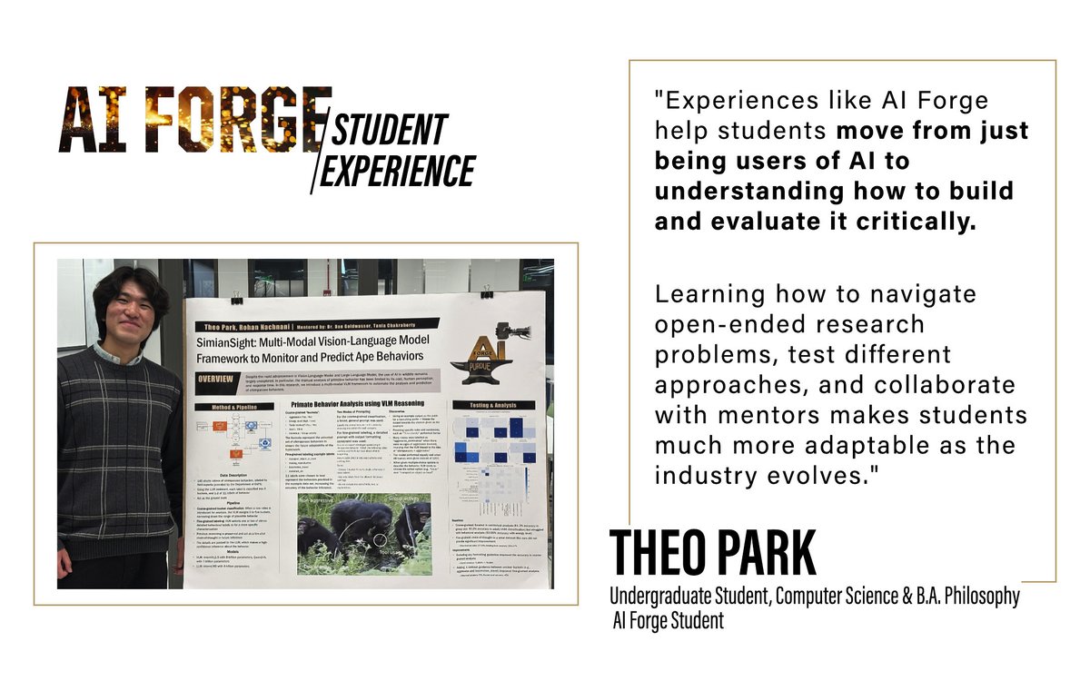 PurdueCS's tweet photo. Ready to explore what’s possible with AI? Through Purdue CS’s AI Forge, Theo worked on SimianSight, a project using AI to monitor and predict ape behavior. Students tackle research questions and develop solutions with experienced mentors.

Explore AI Forge https://t.co/1vqhAM6IP5 https://t.co/7M1XzT8FSA