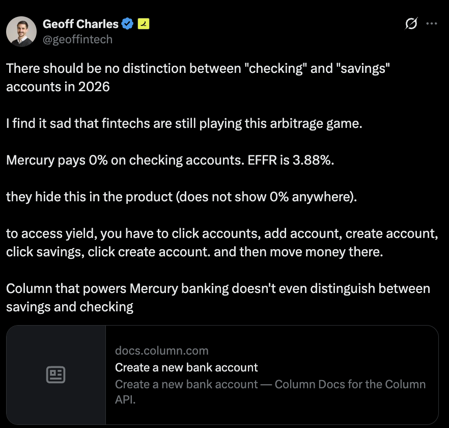 jbahrdestefano's tweet photo. Dramatic week for biz banking 🤣

@tryramp takes a shot at @mercury for paying 0% on checking

@mercury fires back at @tryramp for paying <1% cashback

@airwallex enters the chat + calls out @tryramp’s advertised yield as misleading

@slashapp fires one off at @rhobusiness https://t.co/SsyEfTqAoh