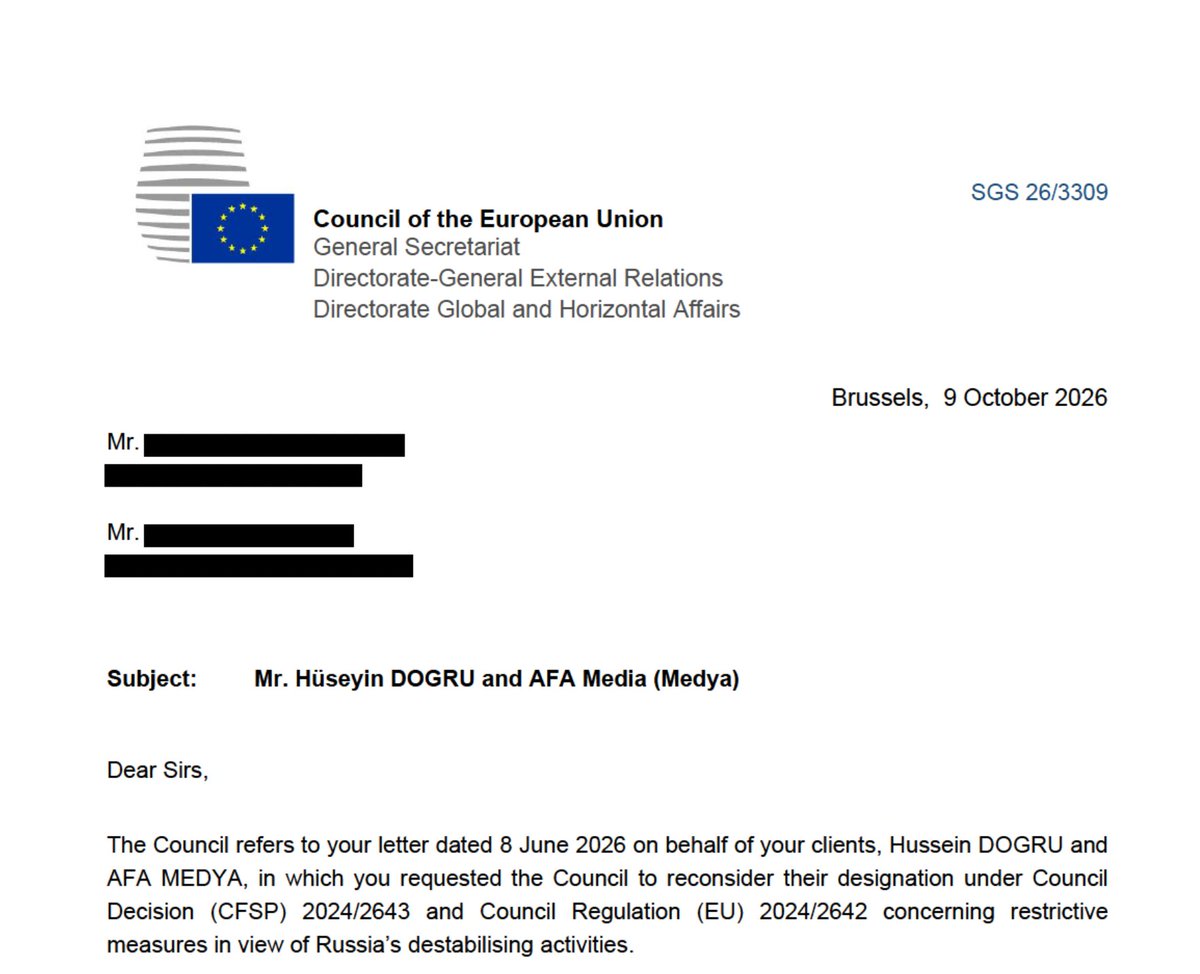 hussedogru's tweet photo. UPDATE: The EU Council sent me a letter with its decision NOT to lift the sanctions on me. That means at least another year under sanctions.
The reasons they give should be a warning to everyone about where European authoritarianism is going. https://t.co/hrNyvheHqk