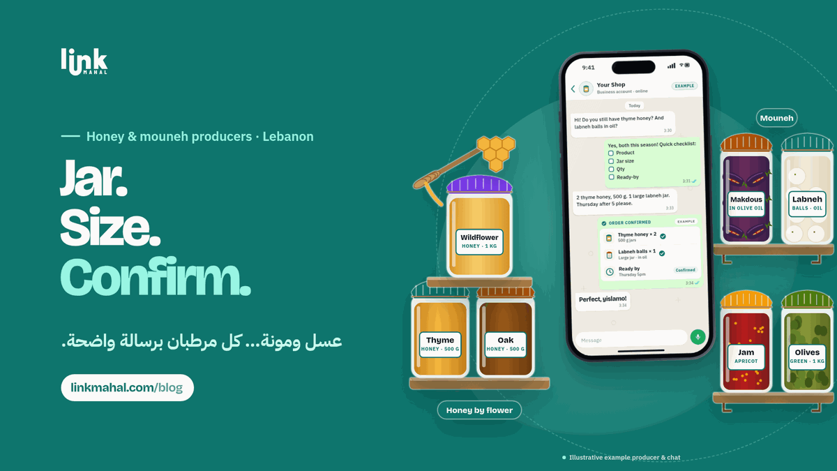 LinkMahal's tweet photo. "Two jars of mountain honey and one makdous, the big size." 🍯

How Lebanese honey and mouneh producers handle WhatsApp orders: every jar listed by size and origin, a quick quantity checklist, and one confirmation with a ready-by time:

https://t.co/FySmhW5NM2

#Lebanon #Mouneh https://t.co/hWxiwaFdgs