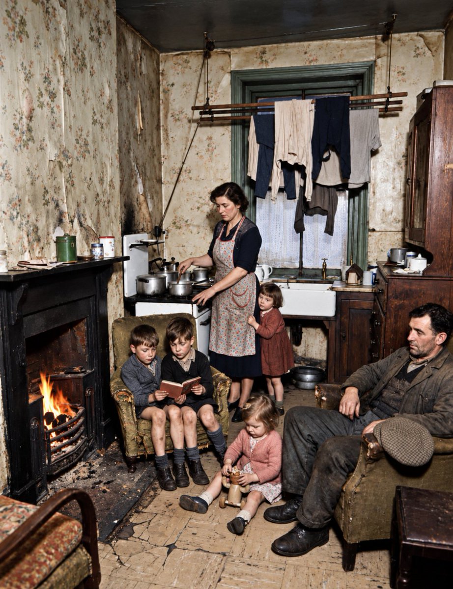 Englishremnant's tweet photo. Working-class life in Oldham, Lancashire, 1962 🏴󠁧󠁢󠁥󠁮󠁧󠁿

The Pownall family lived in cramped, ageing housing at a time when Britain's northern industrial towns were beginning to decline.

Many working-class families still occupied Victorian terraces with poor heating, limited facilities and little space. Men worked long hours in physically demanding jobs, while women often managed the home and raised children in difficult conditions. For many families, life was hard, money was tight, and modern comforts were far from guaranteed.

A glimpse into everyday life in working-class England just over 60 years ago.

This must be all that white privilege we keep hearing about 🙄