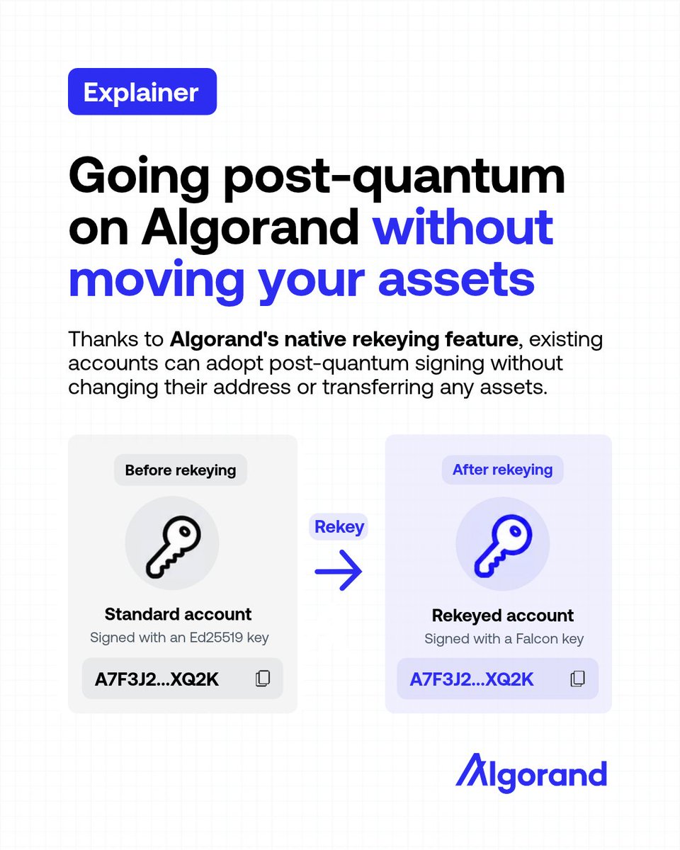 Algorand's tweet photo. Q: Going post-quantum means creating a new wallet and moving all your assets, right?

A: Not on Algorand.

Thanks to Algorand's rekeying feature, existing accounts can adopt native Falcon-1024 signing without changing their public address or transferring a single asset.

Your assets stay exactly where they are, your transaction history remains intact, and only the signing authority changes.

All of this is built directly into Algorand's protocol, not through some workaround.

And with 2,000+ native PQ accounts having already signed transactions on mainnet, we're way past the promise stage.