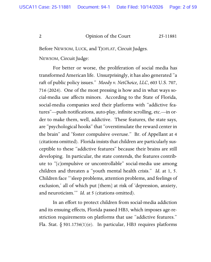 scotus_wire's tweet photo. NEW: The 11th Circuit allowed Florida to enforce its ban on social media accounts for children under 14 and its parental consent requirement for ages 14–15, ruling that the restrictions likely do not violate the First Amendment. https://t.co/78ApN5x6of