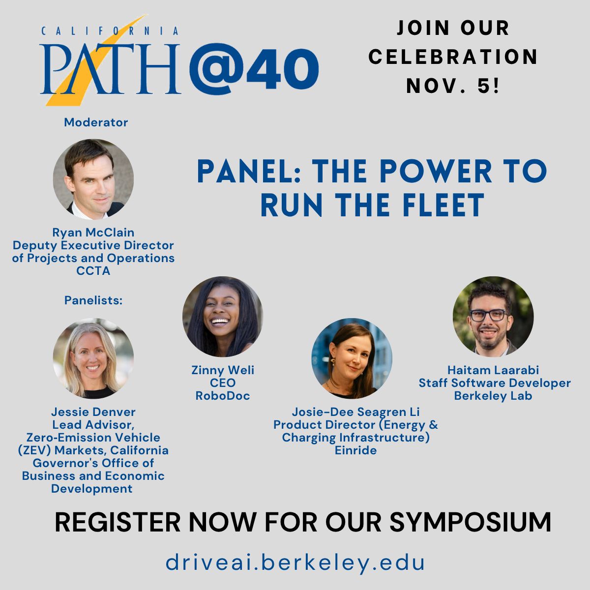 BerkeleyITS's tweet photo. Are you ready for the PATH@40 Symposium? 🚗💡

Excited to announce The Power to Run the Fleet Panel that will  explore the changing energy needs as AI and automated fleets are integrated into the transportation landscape, and what that means. Register: https://t.co/asO6SXULZJ https://t.co/n5lzyIKTvC