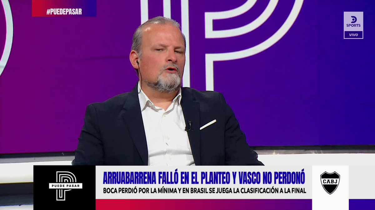 A bearded man in a dark blazer and white shirt speaking on a sports broadcast with 'DS Sports VIVO' logo, '#PUEDEPASAR' hashtag, and a lower third about 'ARRUABARRENA FALLÓ EN EL PLANTEO Y VASCO NO PERDONÓ' with a CABJ (Boca Juniors) logo.