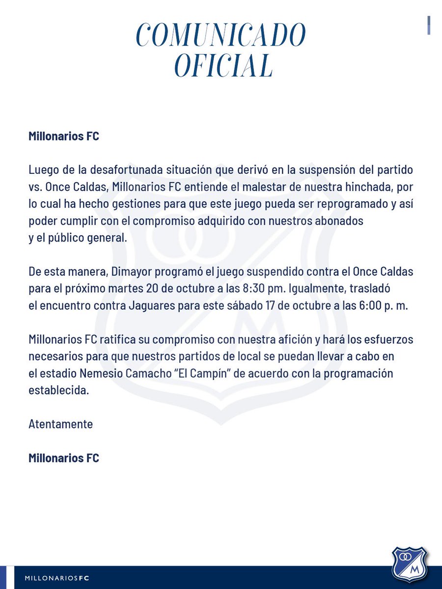 MillosFCoficial's tweet photo. ▶️ Comunicado Oficial Millonarios FC https://t.co/hdZGb6muwc