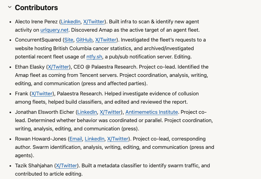 esotericpigeon's tweet photo. They discovered a rogue agent fleet.
NY Times article just dropped, everyone tweeting.
https://t.co/tbfvGQErXE

The group is called the SWARMCHASERS.

Manually found the git of every single contributor, splitting PumpFun creator rewards between them.

https://t.co/IjIy4Z2NQi https://t.co/cR3H0pOxk6