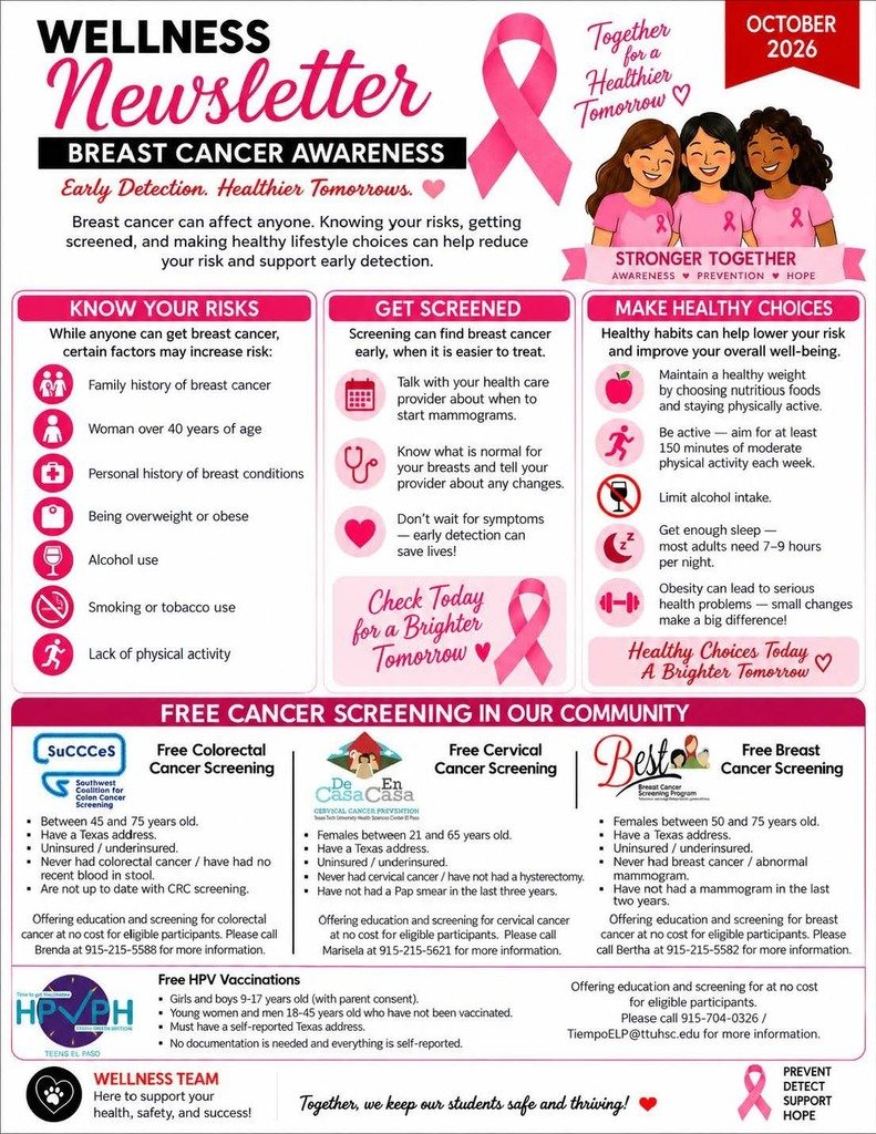 TornilloISD's tweet photo. 🎗️ October is Breast Cancer Awareness Month! Our October Wellness Newsletter includes screening resources and tips on prevention, healthy habits, and understanding your risk. Together, we can promote a healthier #TISDProud community! 💗 https://t.co/3eJ67weCvS