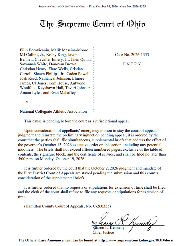 samcehrlich's tweet photo. The Ohio Supreme Court has ordered briefing on the impact of Governor DeWine's executive on the Borovicanin five-for-five case.

In the meantime, it has stayed the decision of the Ohio Court of Appeals -- restoring the lower court's injunction and making those players eligible. https://t.co/ITPKKgRRId