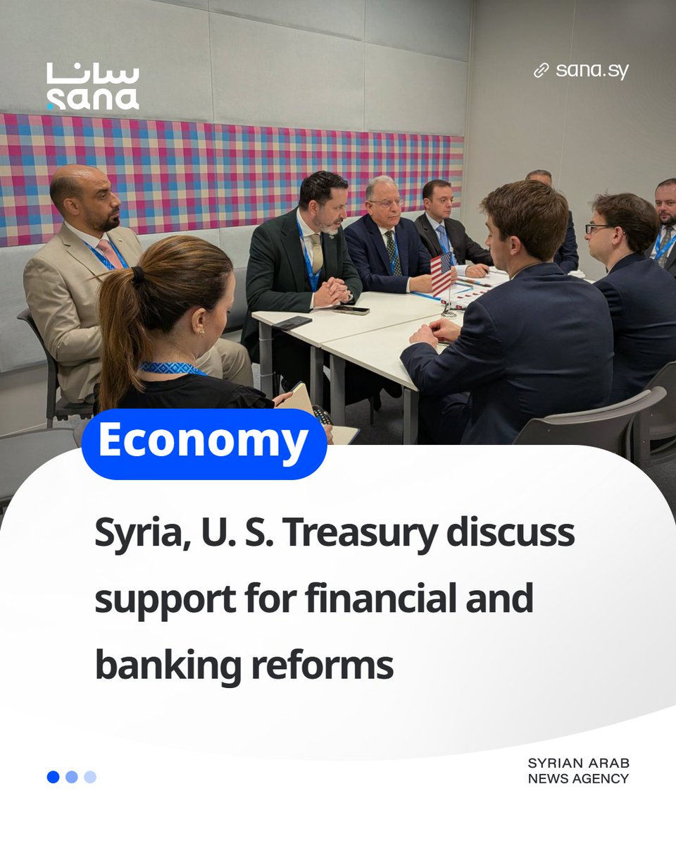 SANAEnOfficial's tweet photo. Finance Minister Mohammed Yisr Barnieh and Central Bank of Syria Governor Safwat Raslan held a meeting with Jonathan Greenstein ,Deputy Assistant Secretary for International Finance at the U.S. Department of the Treasury, and Eric Meyer.
#Syria
#US
#FinancialReform
#SANANews https://t.co/hl7TucSiXh