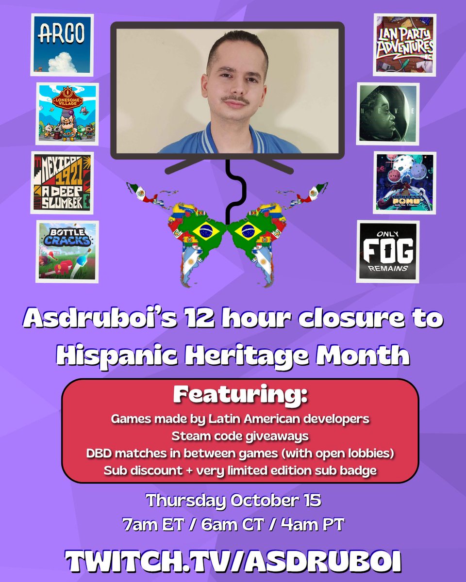asdruboi's tweet photo. To celebrate a successful Hispanic Heritage Month, I am doing a special 12 hour stream to play games made in Latin America!

We have:

👉 ARCO by @Franrekk, @1bardesign, @bibikigarcia and @FayerDev  (@arcogamedev) 
👉 LAN Party Adventures by @leapgamestudios 
(1/3) https://t.co/6GPEvS0uE8