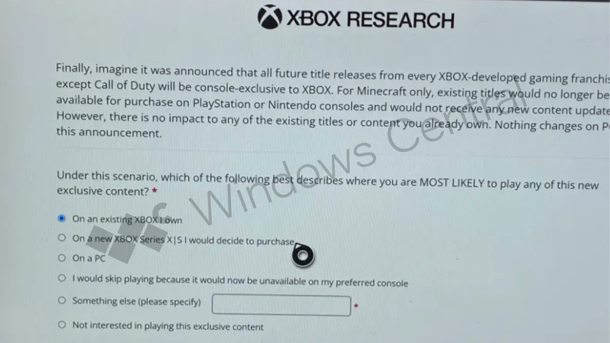 charlieINTEL's tweet photo. Xbox Research team is asking users how they would feel if ‘all future’ Xbox titles, excluding Call of Duty, became exclusive to Xbox 

The research question also asks users how’d they feel if Minecraft stopped supporting PS5 and Nintendo 

Source: @WindowsCentral https://t.co/RLI81ZdEVw
