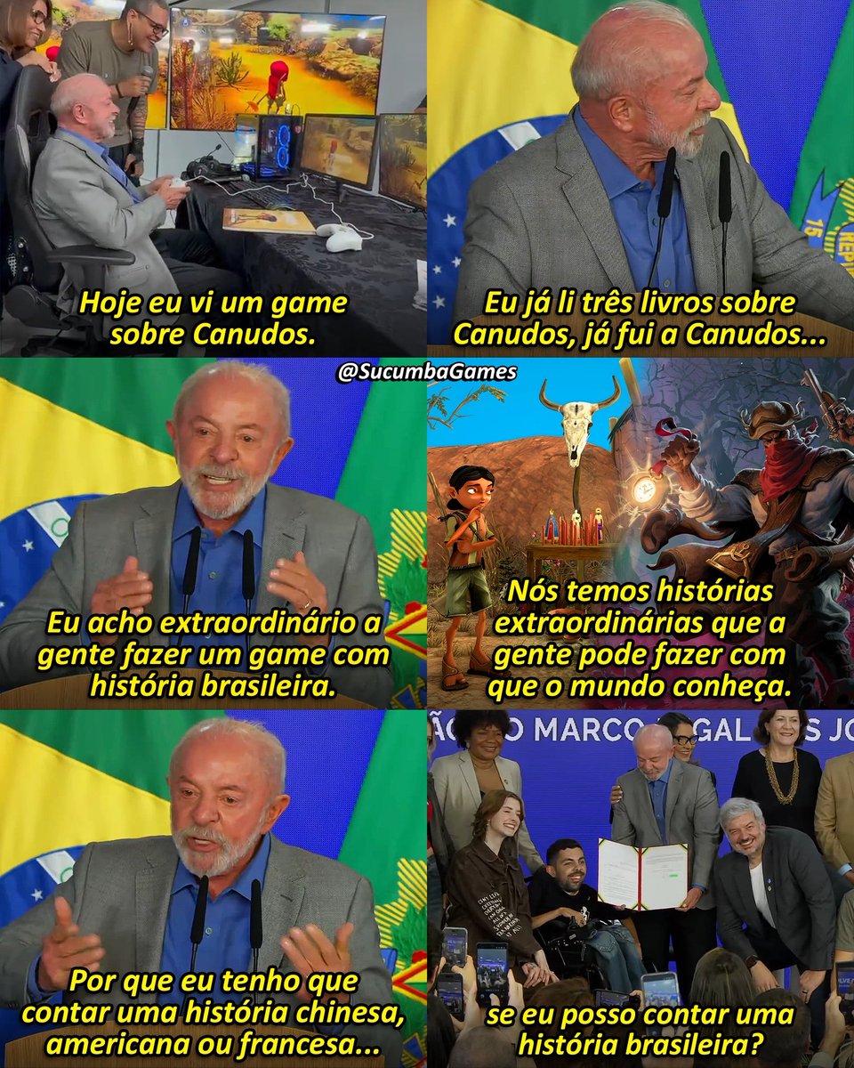 SucumbaGames's tweet photo. Em seu discurso final após assinar o Marco Legal dos Jogos Eletrônicos, o presidente Lula fala sobre como os jogos brasileiros têm potencial para levar nossa história ao resto do mundo. 

Ele admite que nunca tinha visto um jogo sobre o Brasil, mas ficou surpreso ao descobrir que eles existem e chegou a jogar ÁRIDA 2: Rise of the Brave (ainda não lançado), que, assim como o primeiro jogo, se passa no sertão baiano durante a Guerra de Canudos.

Na cerimônia, estavam presentes vários desenvolvedores de games brasileiros, como o criador de ÁRIDA, além de criadores de conteúdo sobre games, como Mount e Bagi.

Vale lembrar que esse é um projeto que começou como um PL do Deputado Kim Kataguiri (@KimKataguiri - Missão), após longas discussões e mudanças, foi sancionado pelo Presidente Lula (@LulaOficial - PT) em Maio de 2024 e hoje, após mais uma rodada de longas discussões que duraram anos com associações e representantes da comunidade gamer, houve a Assinatura da Regulamentação do projeto pelo Presidente Lula (PT), detalhando a forma como irá funcionar os incentivos fiscais e as diretrizes dele.