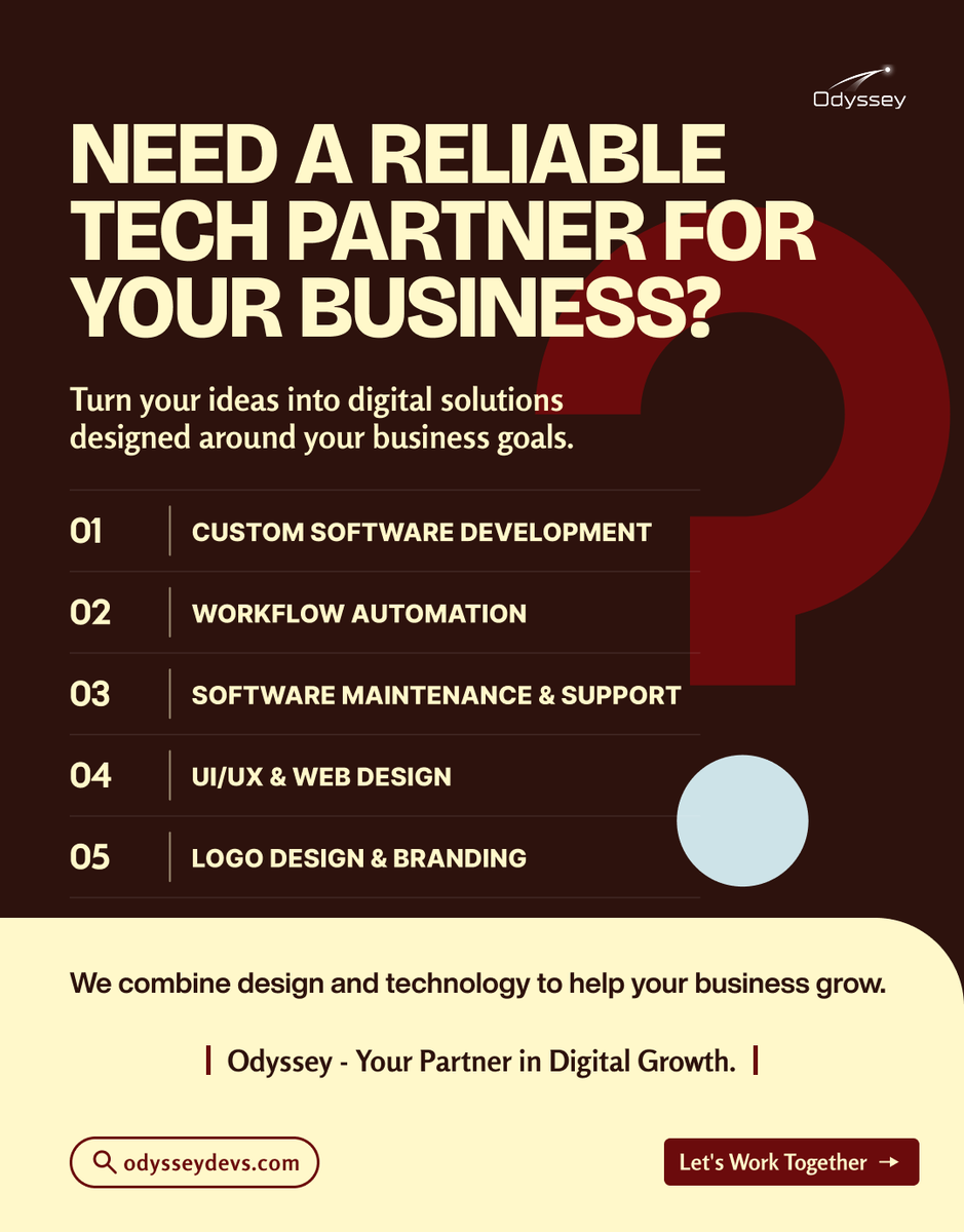 OdysseyDevs_'s tweet photo. Ideas into impact. 🚀

Odyssey helps businesses grow with software development, automation, and UI/UX design.

Let's build your next big idea.

🌐 https://t.co/XDo657CWOS

#ODYSSEY #SoftwareDevelopment #WebDevelopment #Automation #UIUXDesign #DigitalGrowth #TechStartup https://t.co/ucOZekTWty