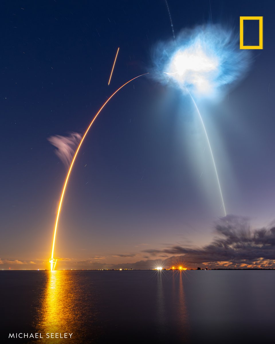 NatGeo's tweet photo. Photographer Michael Seeley used a single 426-second exposure to capture the launch of the SpaceX Falcon 9 rocket in the early hours of October 13, creating a portrait of humanity’s reach beyond Earth.

See more Photos of the Day: https://t.co/5ST0OTinKt https://t.co/93PbxDqMHy