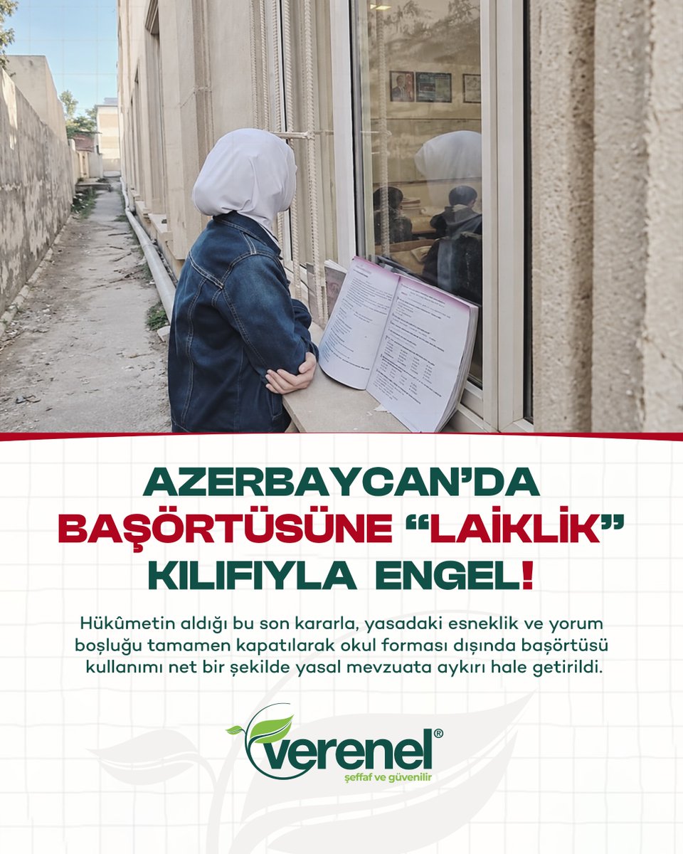 vereneldernegi's tweet photo. Azerbaycan’da eğitim hakkı ve inanç özgürlüğü yasaklarla engelleniyor! 🚫

Hükümetin aldığı son kararla, okullarda başörtüsü kullanımı "laiklik" kılıfı altında yasal mevzuata aykırı hale getirildi. Sınıflara alınmayan öğrenciler ve öğretmenler, soğuk havada okul kapılarında ders işlemek zorunda kalıyor.

Eğitim her çocuğun temel hakkıdır. Sırf inançları yüzünden sıralarından ve hayallerinden koparılan çocuklarımızın sesi olalım.

Zulme ortak olma, inanç özgürlüğünü savun!

#Azerbaycan #BaşörtüsüYasağı #EğitimHakkı #İnançÖzgürlüğü #EğitimEngellenemez