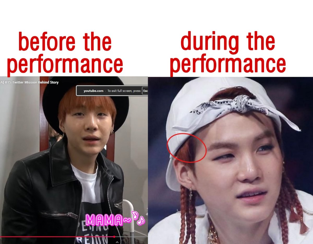 HavenCrave's tweet photo. Clarifying the Controversy Surrounding Braided hair involving SUGA

the pics often circulate online is from 2014 MAMA performance, the braids seen in the picture were attached to his hat, not braided into his own hair. It's visbibly hanging off the edge of the hat, tied in 
+ https://t.co/N15jhzHVQh