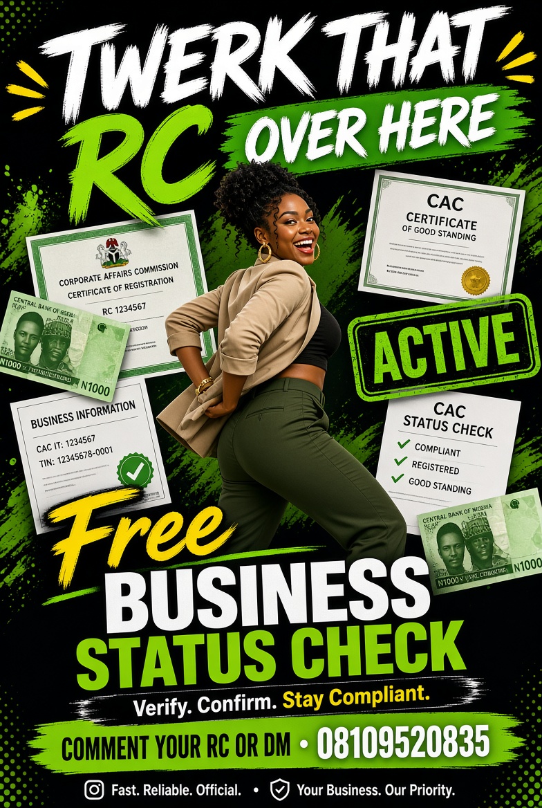 aglovemena_CAC's tweet photo. Still struggling with rejected proposals and grants?

One common reason many business owners overlook is an inactive company status due to unpaid CAC annual returns.

Get a free business status check today.
Simply comment your RC number or send a DM.

📞 08109520835
📧 aglovemenaenterprise@gmail.com

Don’t let a simple filing issue block your next opportunity.