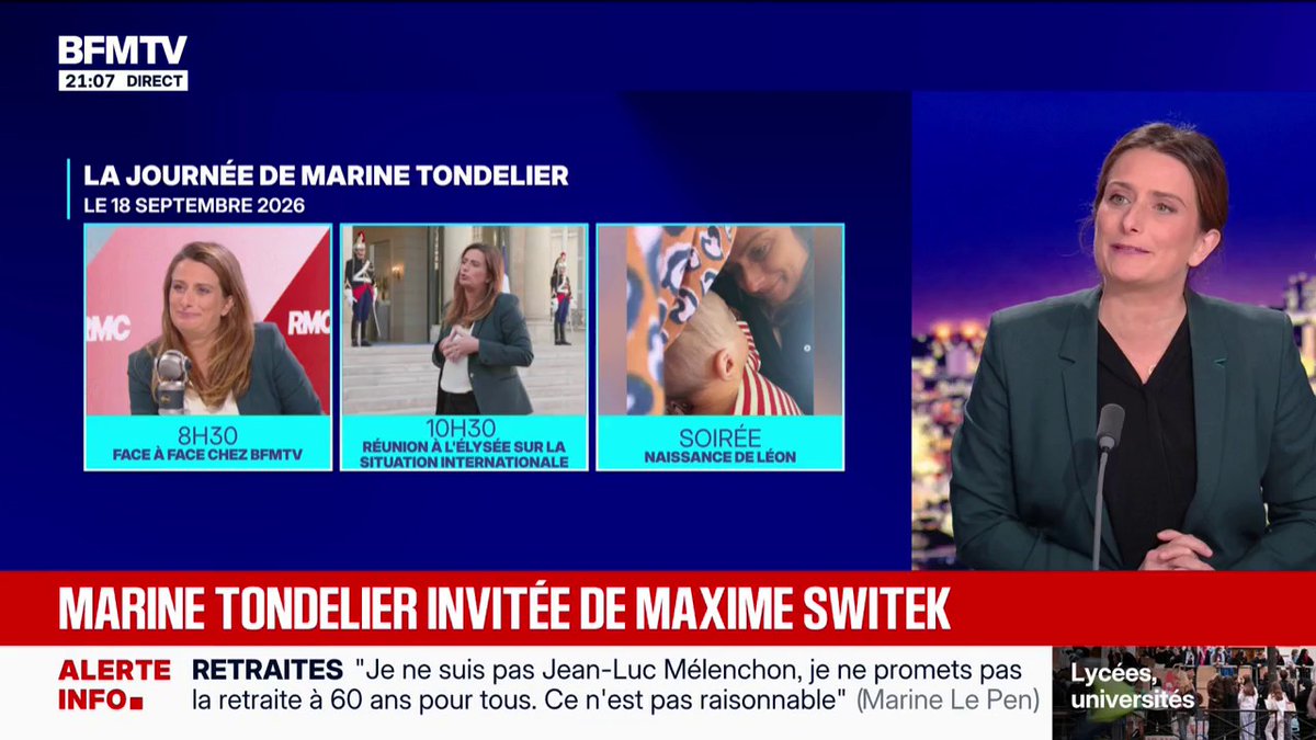 BFMTV broadcast at 21:07 featuring 'LA JOURNÉE DE MARINE TONDELIER' on LE 18 SEPTEMBRE 2026, showing her schedule with a main guest segment and a news ticker about Marine Le Pen commenting on retirement age.