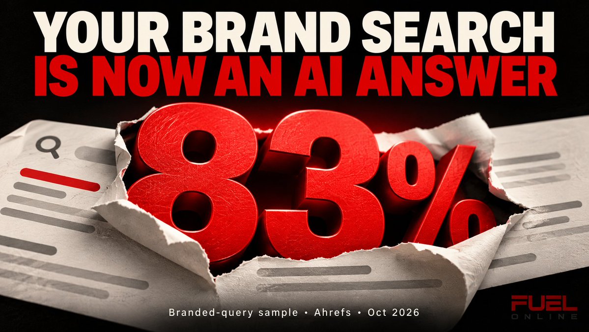 FuelOnline's tweet photo. Your branded SEO dashboard can be green while the answer above your listing is wrong.

Ahrefs reported 82.91% AIO presence in its US desktop branded-keyword sample on Sep 29. September’s average: 73.3%.

Do not turn that snapshot into “83% of all brand searches.”

Use it as a trigger for a brand-answer audit:
1. Brand + pricing.
2. Brand + reviews.
3. Brand + alternatives.
4. Brand + main service.
5. Brand + buyer concern.

Extract claims. Attach cited URLs. Mark current / outdated / incomplete / unsupported.

Fix the source you control. Approach other publishers with a precise correction and evidence.

A flattering hallucination is still a bad brand answer.

What outdated claim would you want corrected first?

For more info or help from the Most Advanced Digital Agency on the planet:
https://t.co/V1TN7fC9J9