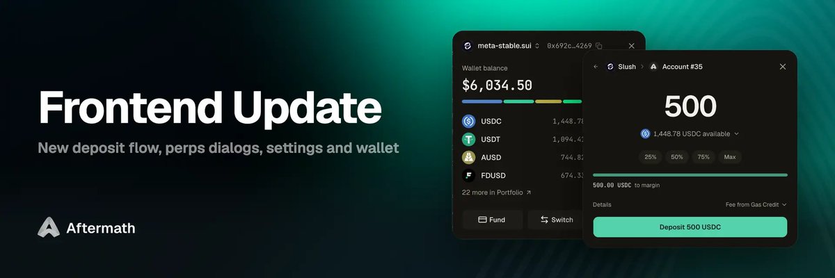 AftermathFi's tweet photo. We shipped a HUGE Frontend Update on Aftermath.
• Bridge, onramp or deposit straight into Perps
• Redesigned dialogs for leverage, TP/SL, margin and close/reverse
• Opt/alt tab to switch between recent markets
• New Settings and in-app wallet