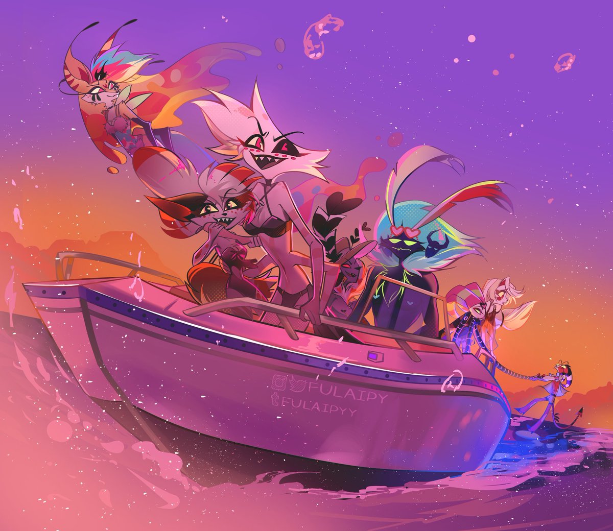 AngelDust499006's tweet photo. Chaos, friendship, and a sunset worth remembering. 🌊✨

Art credit by @fulaipy )
. 
.
.
#hazbinhotel #hazbinhotelfanarts #huskerdust #Angeldust #hazbinOCart #ArtistOnTwitter #Itsnotmyartwork #digitalart https://t.co/oyzF3nPqSd