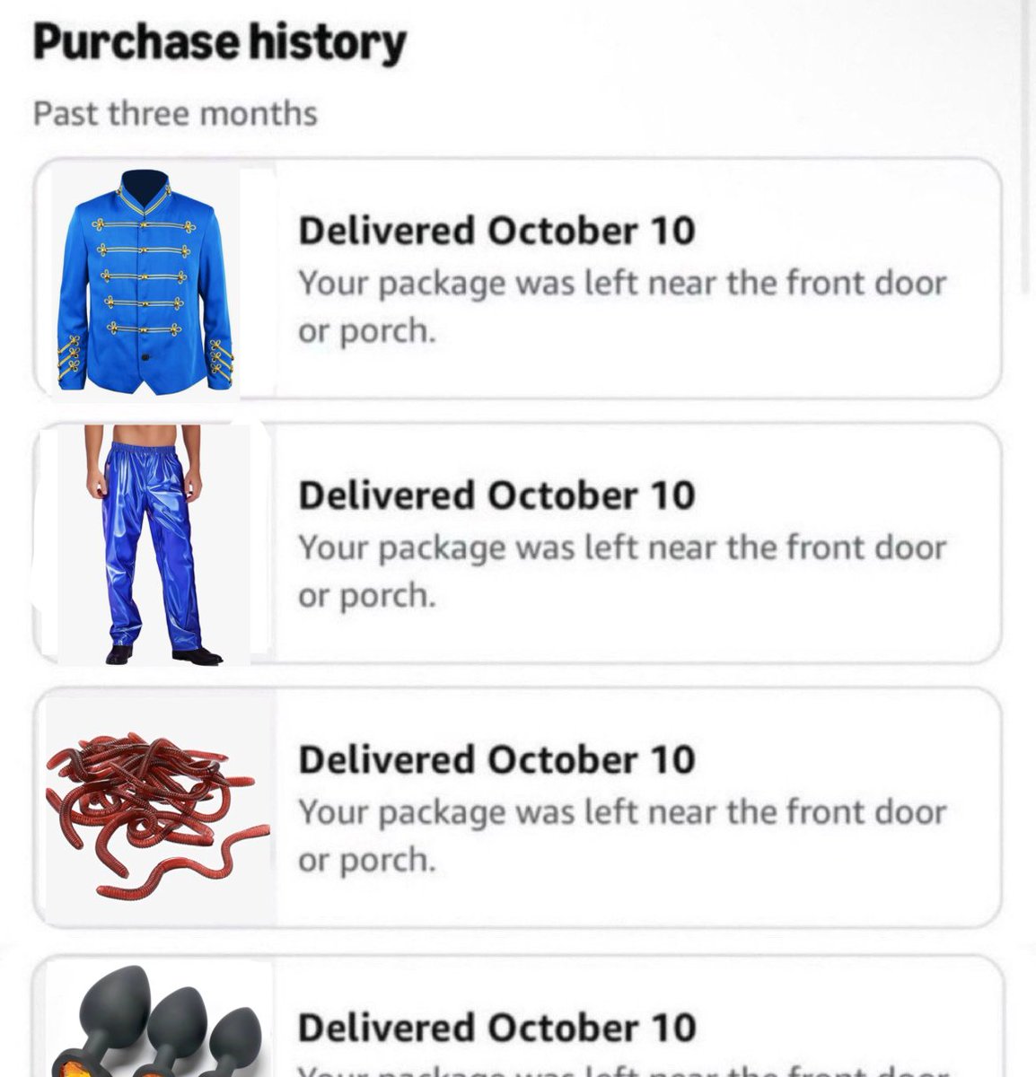 birdpunkk's tweet photo. i hope whoever stole my amazon package was also planning to be rouxls kaard for halloween https://t.co/9mJmViUlbg