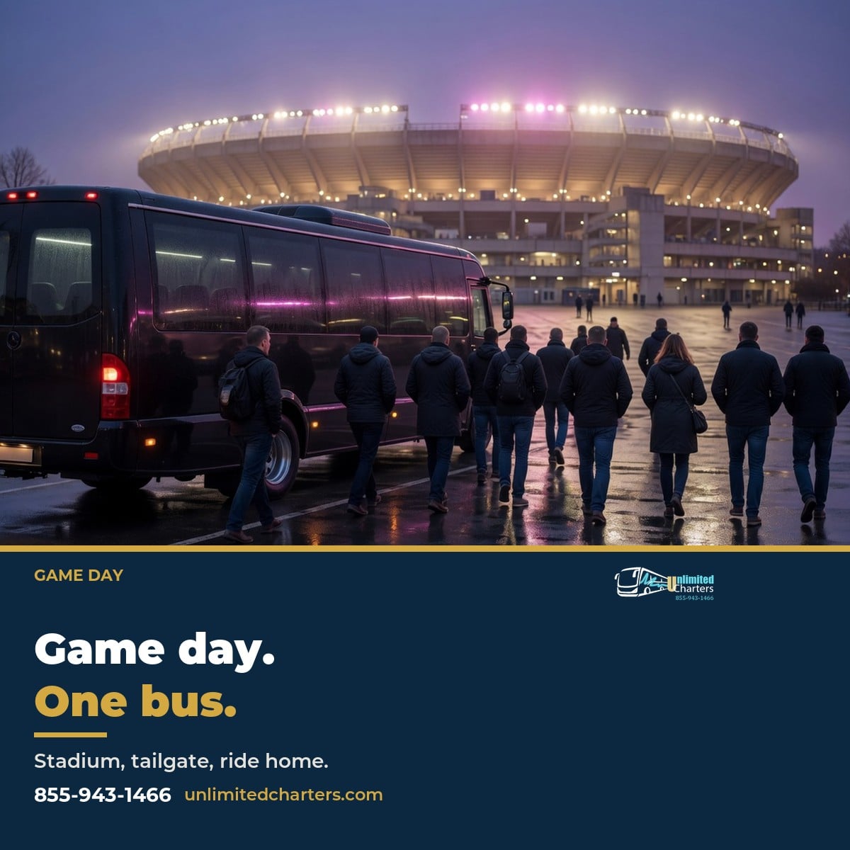 UnlimCharters's tweet photo. The group you invited does not fit in a couple of cars. Unlimited Charters uses one party bus for the stadium and the ride home.

Call 855-943-1466
https://t.co/LtjjHARLIF

#NFL #GameDay #Tailgate #PartyBus https://t.co/TnjMuwd9lq